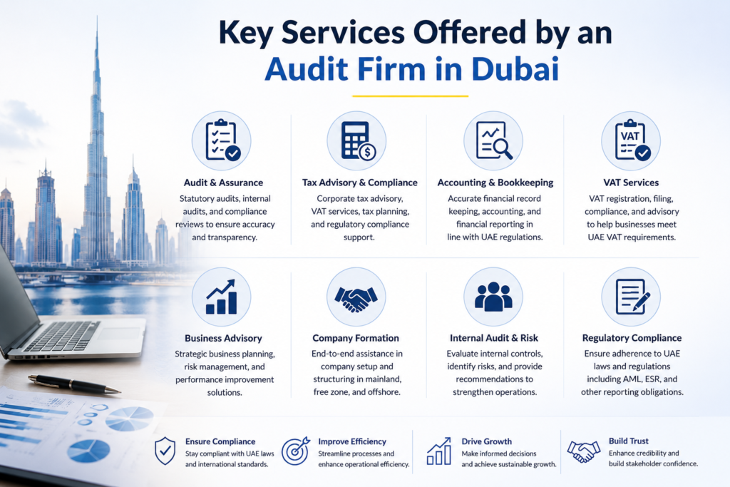 Dubai audit firm service overview including financial audits, VAT compliance, accounting, company formation, and risk management