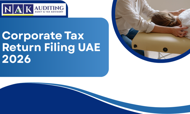 Corporate Tax Return Filing UAE 2026 banner showing UAE tax compliance, business tax filing services, and corporate tax support for companies.