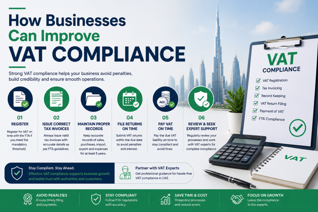 How businesses can improve VAT Compliance in UAE through timely VAT filing, accurate records, FTA compliance, and expert tax support