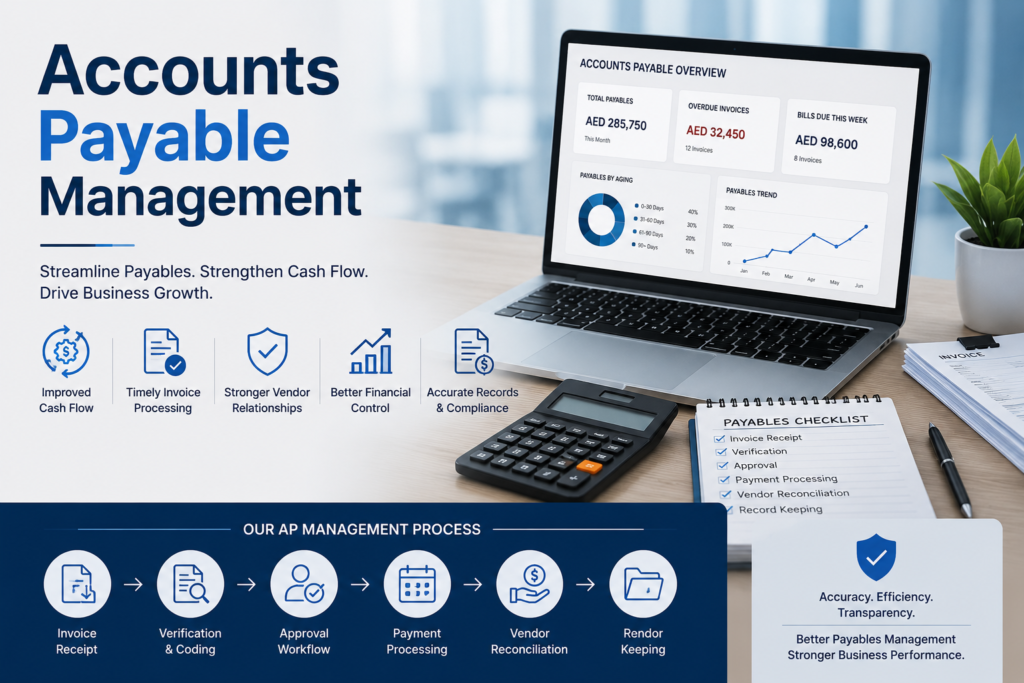 Outsourced Accounting Services in Dubai providing bookkeeping, VAT compliance, payroll processing, tax advisory, financial reporting, and business support