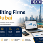 Best Auditing Firms in Dubai corporate banner featuring Dubai skyline, audit reports, accounting tools, and professional financial advisory services