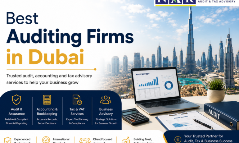 Best Auditing Firms in Dubai corporate banner featuring Dubai skyline, audit reports, accounting tools, and professional financial advisory services