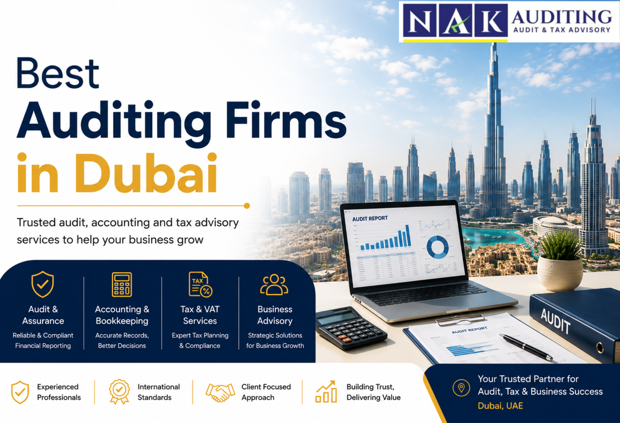 Best Auditing Firms in Dubai corporate banner featuring Dubai skyline, audit reports, accounting tools, and professional financial advisory services