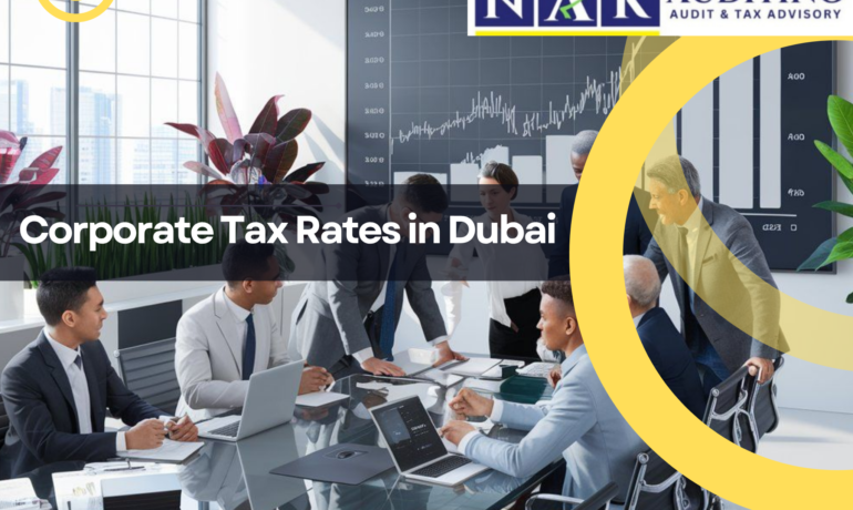 Corporate Tax Rates in Dubai banner featuring the Dubai skyline with a professional blue business background