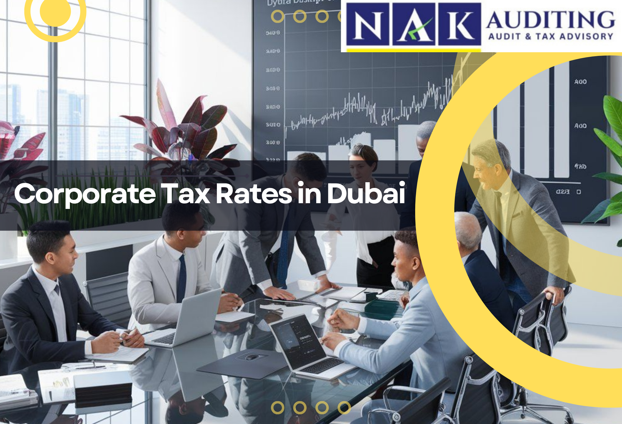 Corporate Tax Rates in Dubai banner featuring the Dubai skyline with a professional blue business background