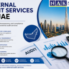 Business audit documents, calculator, and Dubai skyline representing External Audit Services in UAE for financial compliance and transparenc