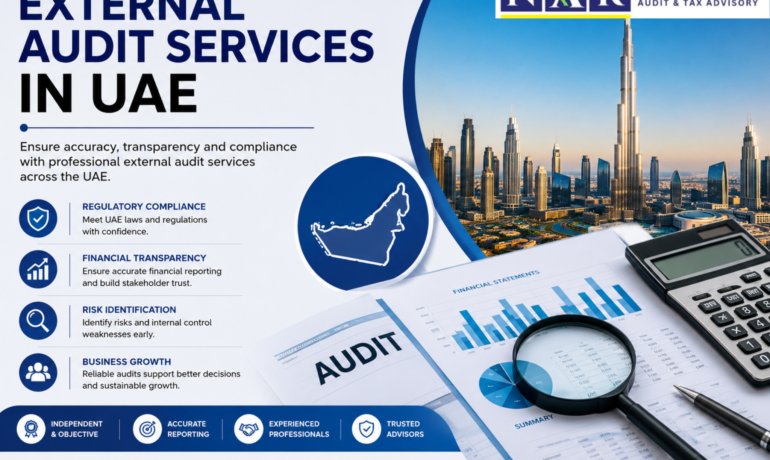 Business audit documents, calculator, and Dubai skyline representing External Audit Services in UAE for financial compliance and transparenc