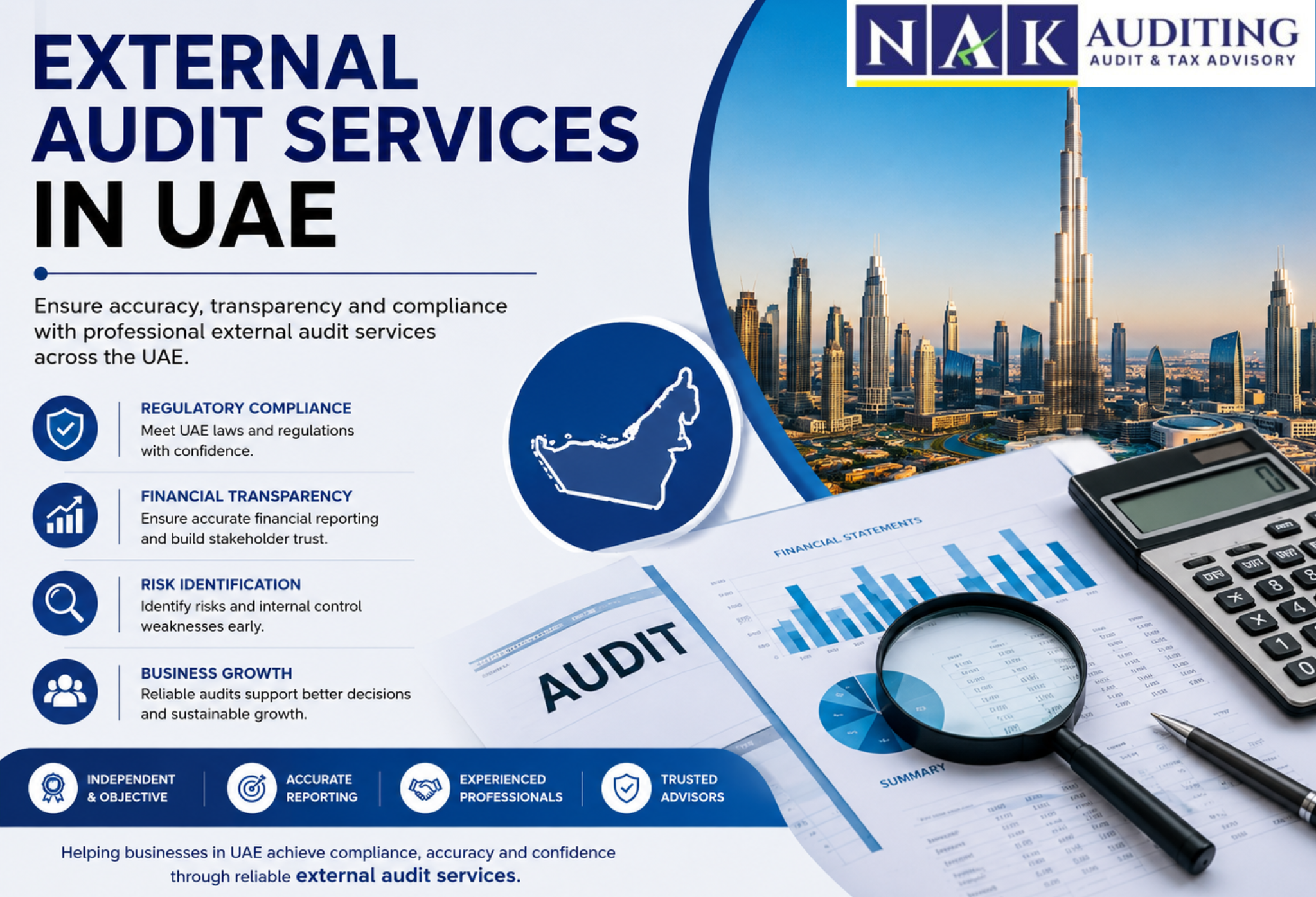Business audit documents, calculator, and Dubai skyline representing External Audit Services in UAE for financial compliance and transparenc
