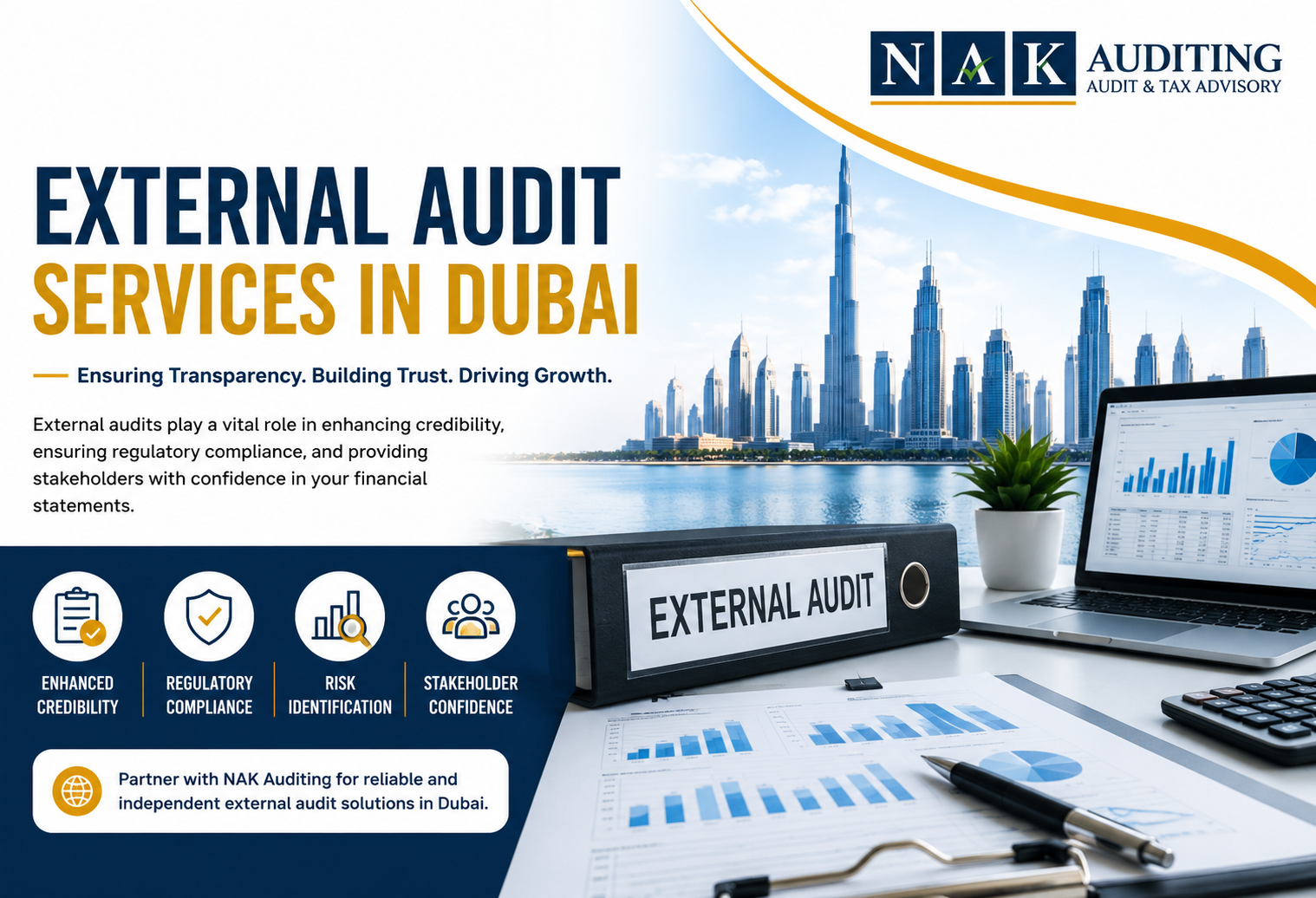 External Audit Services in Dubai by NAK Auditing, providing independent audits, compliance reviews, risk assessment, and financial reporting support