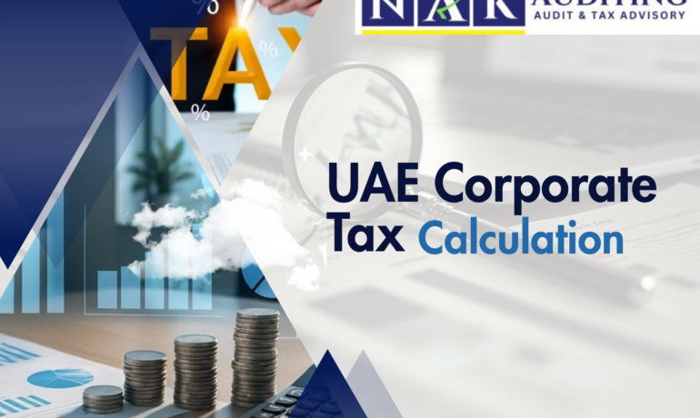 UAE corporate tax calculation concept showing tax rates, income, and compliance for businesses in the UAE