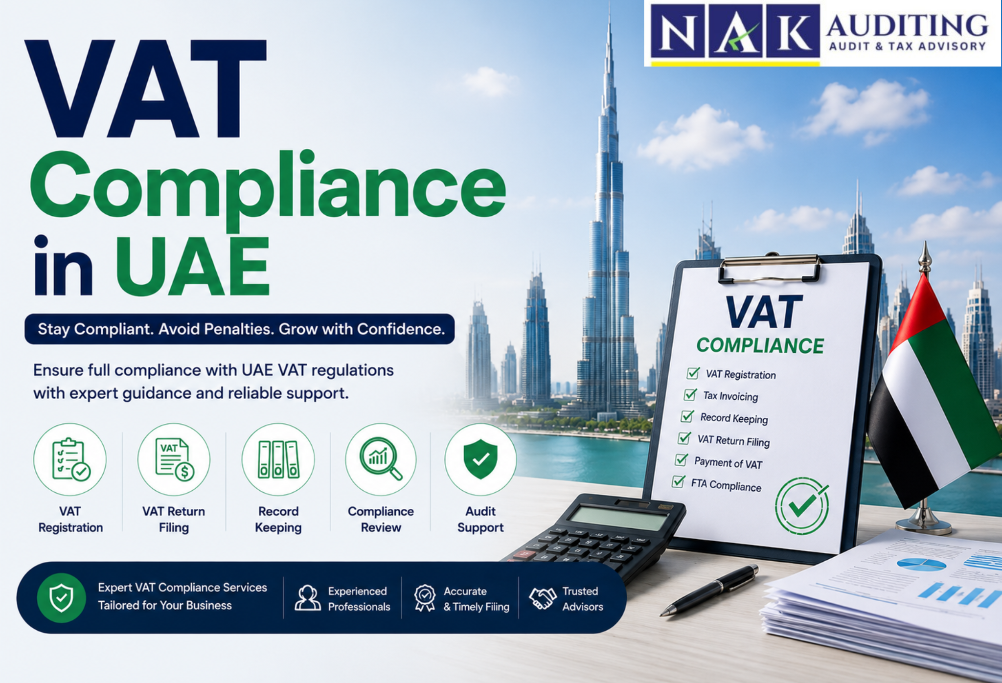VAT Compliance in UAE with expert VAT registration, return filing, FTA compliance, and professional tax advisory services by NAK Auditing