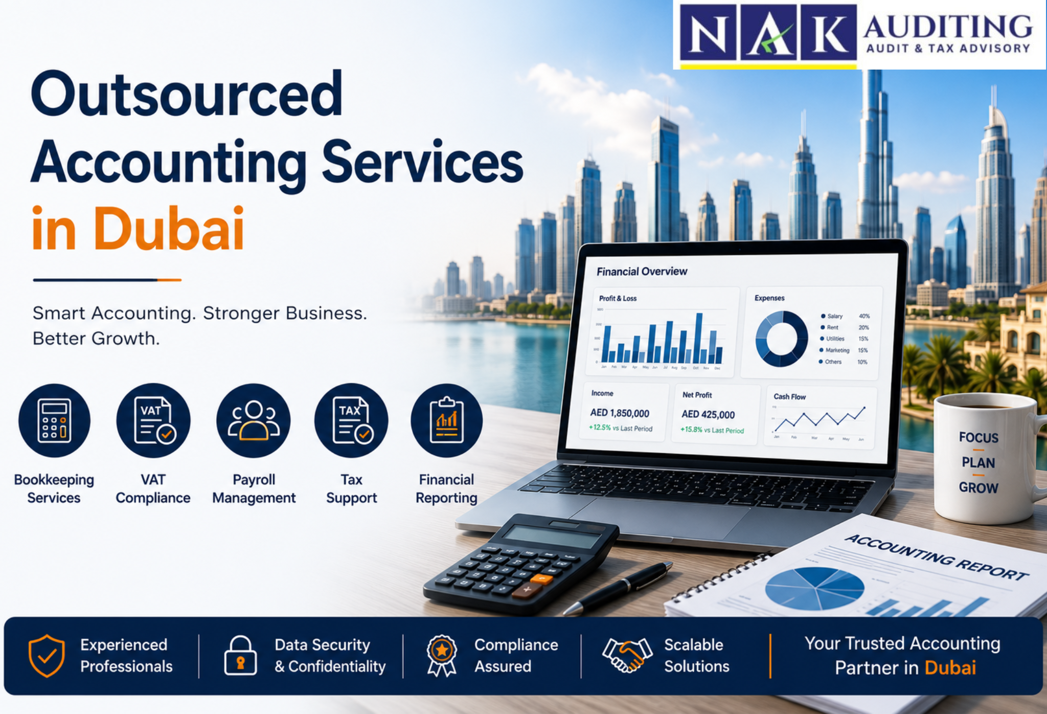 Outsourced Accounting Services in Dubai with expert bookkeeping, VAT compliance, payroll solutions, tax advisory, and financial reporting support