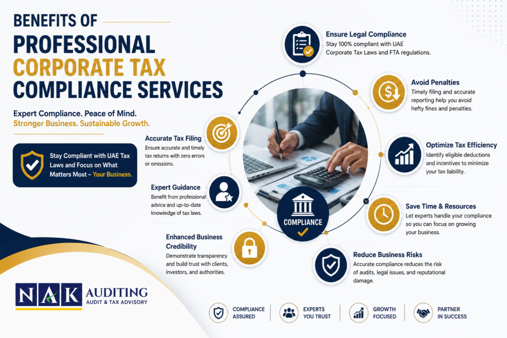 Benefits of Professional Corporate Tax Compliance Services infographic by NAK Auditing, highlighting FTA compliance, tax savings, risk reduction, and expert advisory in the UAE