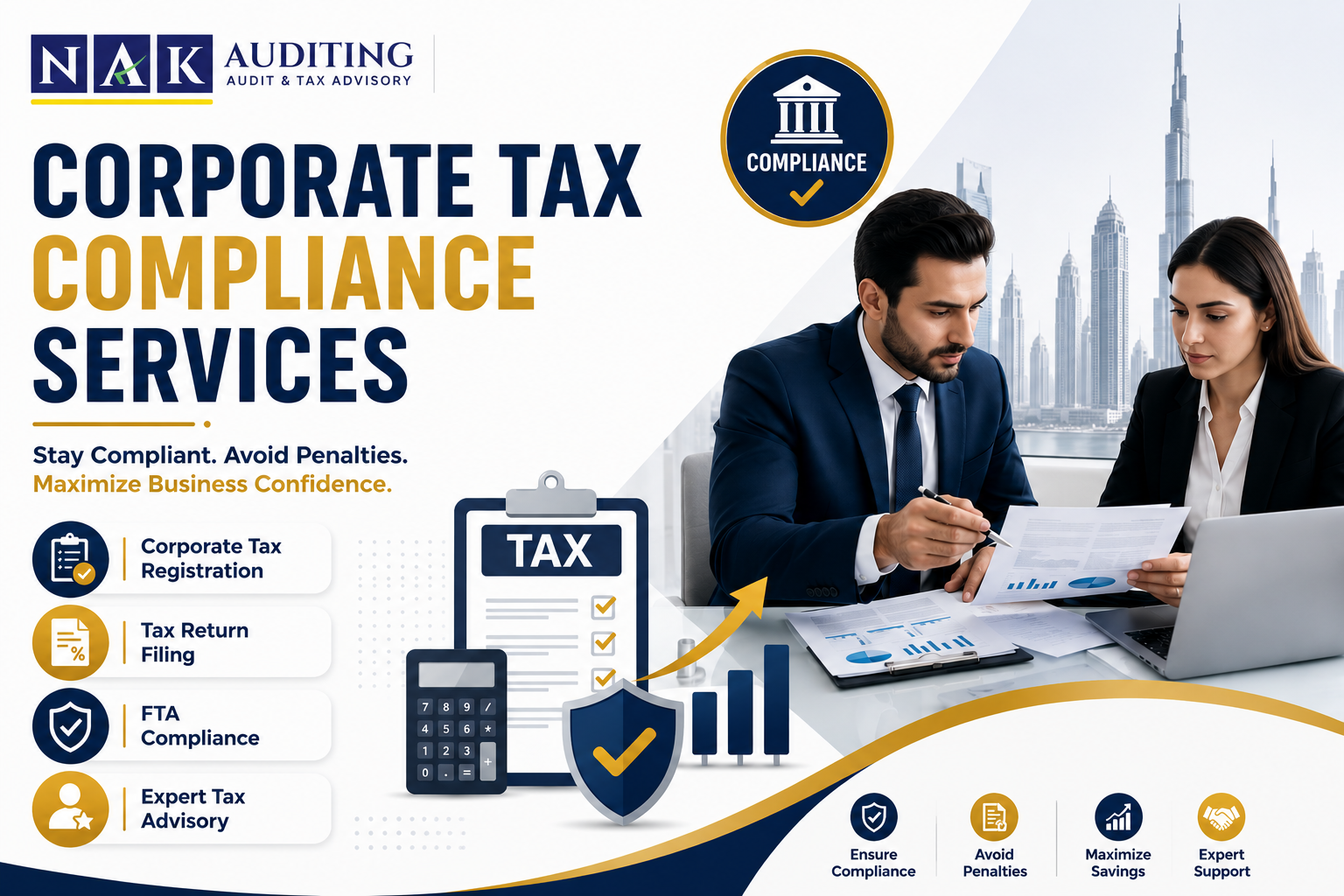 Corporate Tax Compliance Services in the UAE by NAK Auditing, offering tax registration, FTA compliance, tax return filing, and expert advisory