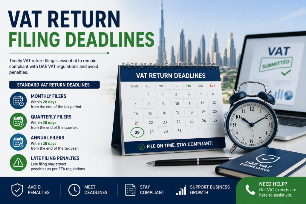 VAT Return Filing in Dubai infographic showing filing deadlines, tax calendar, UAE VAT compliance, and timely return submission