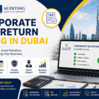 Corporate Tax Return Filing in Dubai by NAK Auditing with Dubai skyline and tax compliance services.