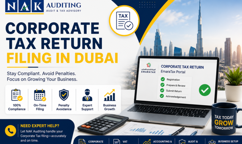 Corporate Tax Return Filing in Dubai by NAK Auditing with Dubai skyline and tax compliance services.