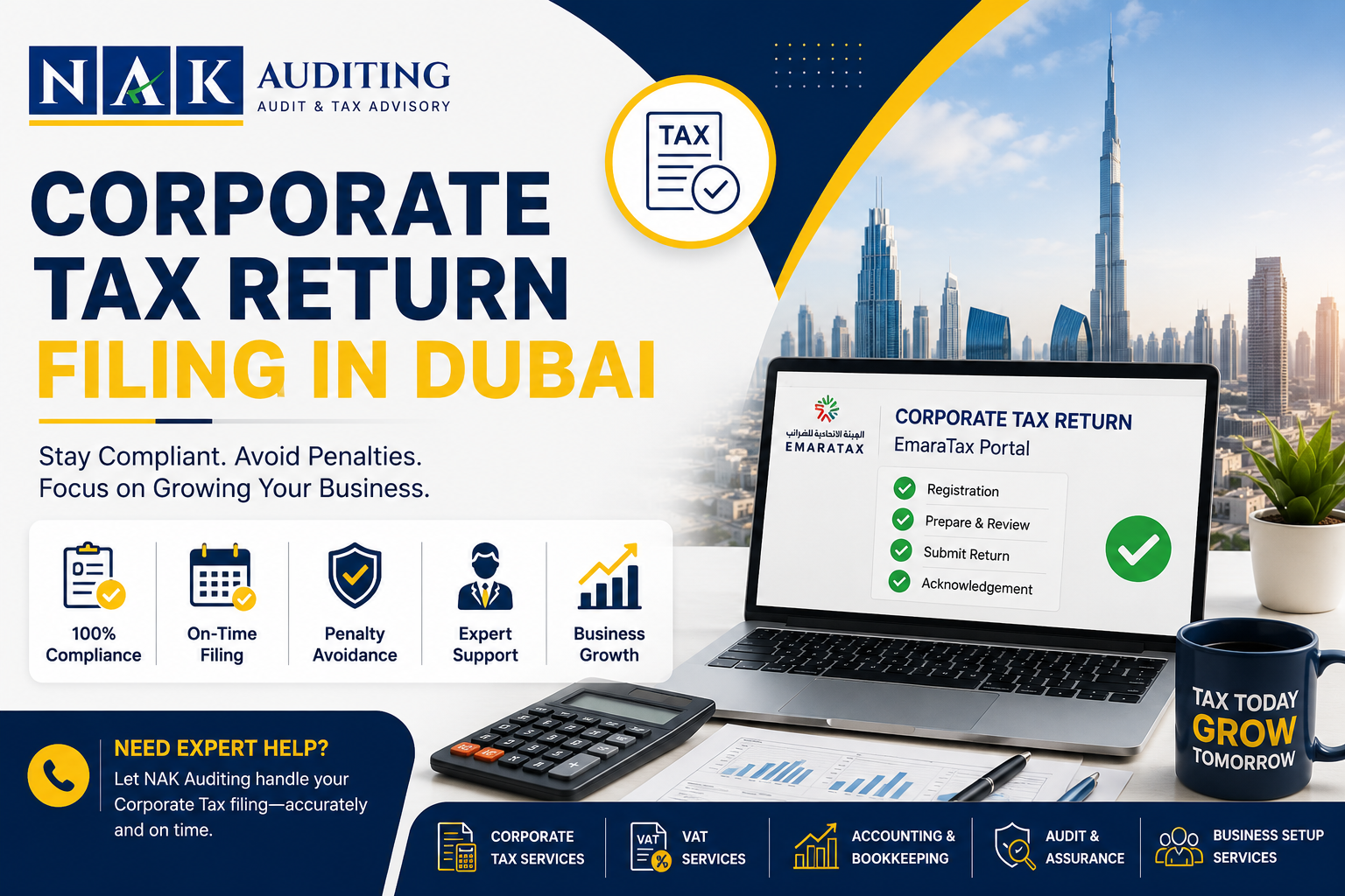 Corporate Tax Return Filing in Dubai by NAK Auditing with Dubai skyline and tax compliance services.
