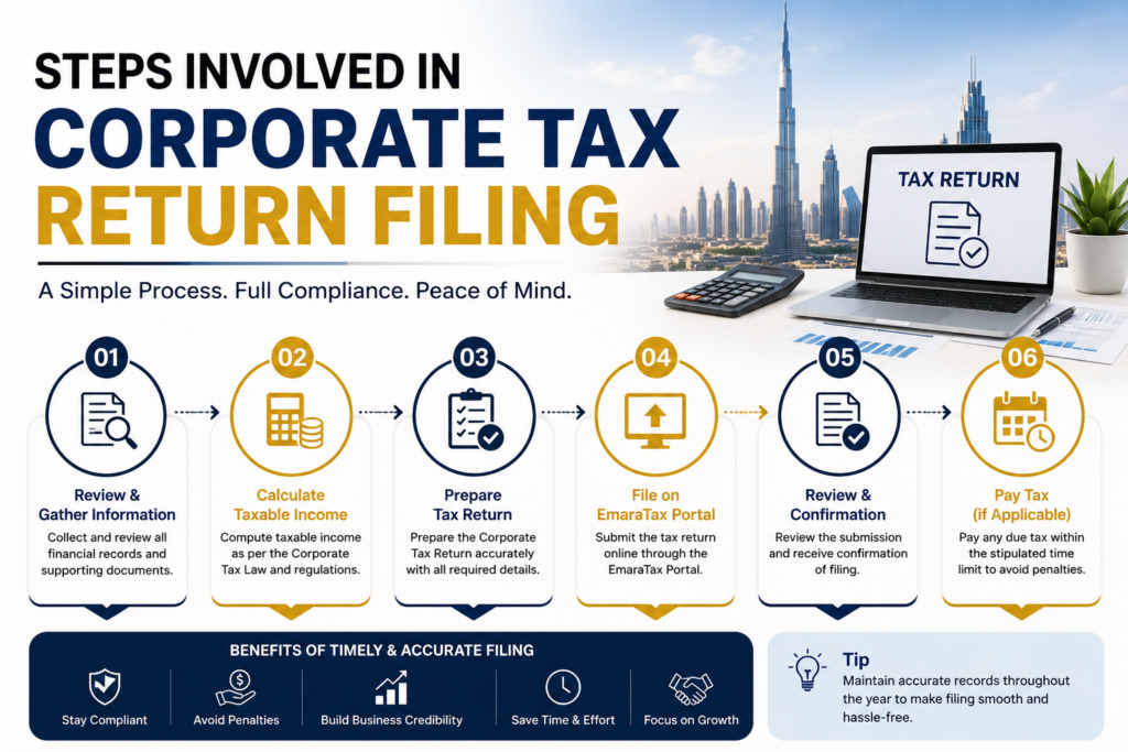 Steps involved in corporate tax return filing in UAE, including gathering records, calculating taxable income, preparing returns, EmaraTax filing, review, and payment.